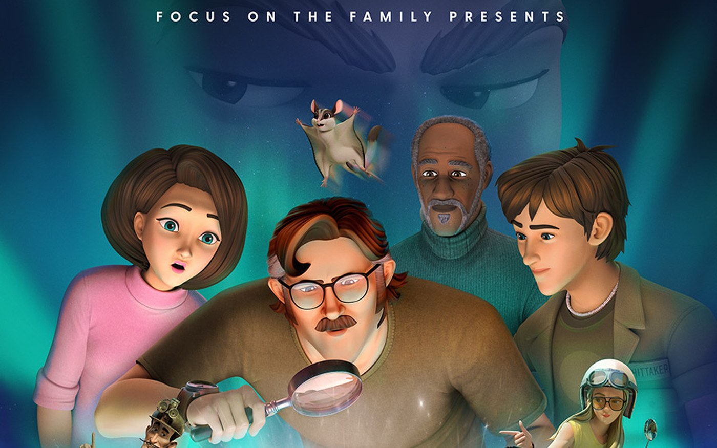 Whit leans in with a magnifying glass beside Jenny, Jason, and Ben Huck on the official poster for Adventures in Odyssey The Movie