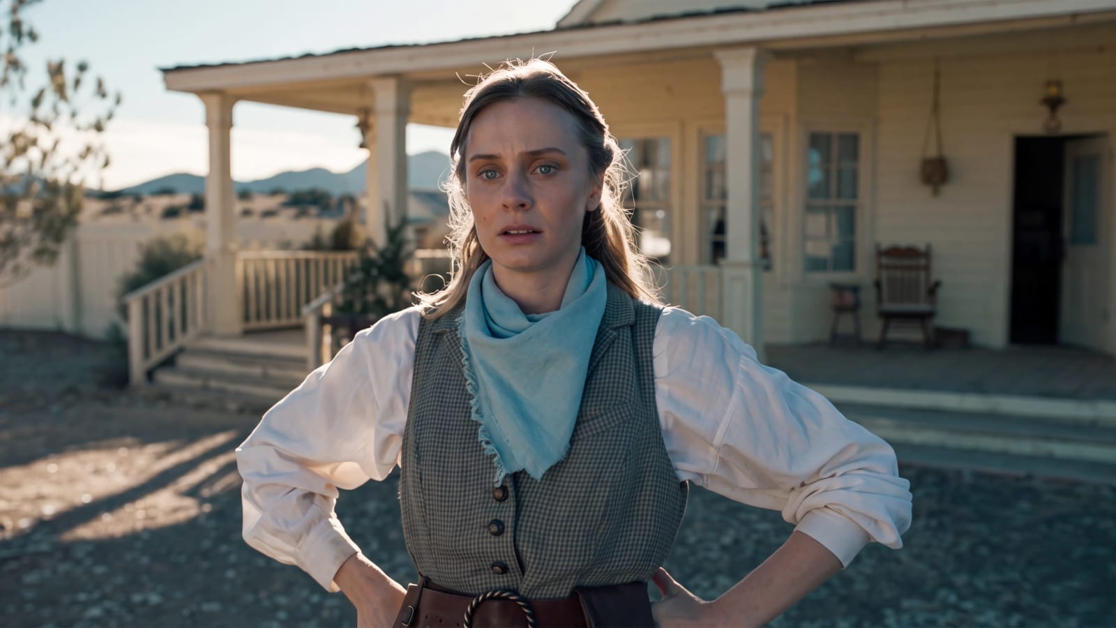 Meg Fraser as Penny stands hands on hips outside a white ranch house in a sunlit New Mexico yard, light blue neckerchief over a checkered vest