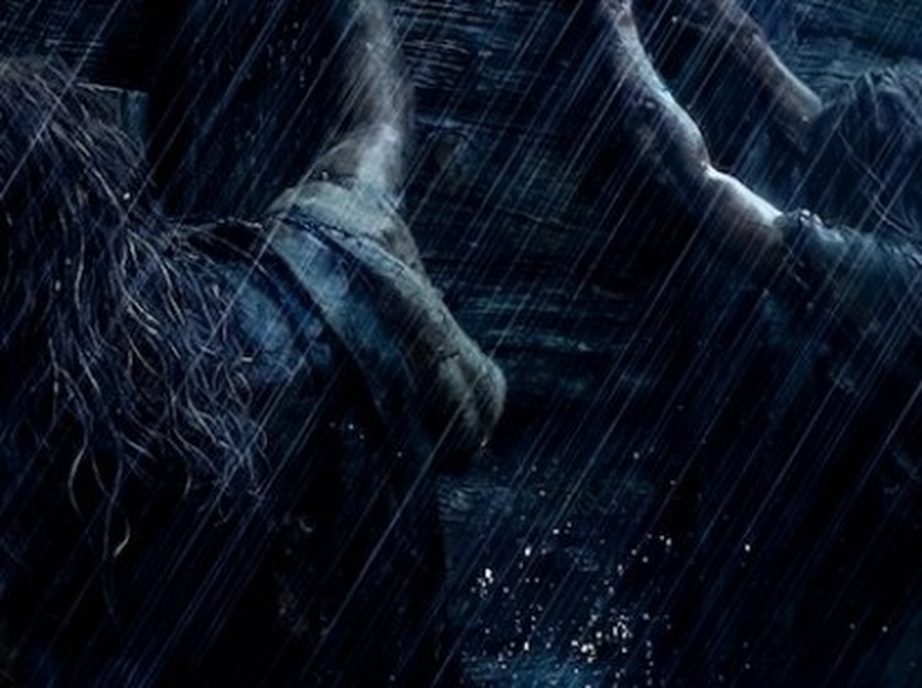 Figures in a downpour press their hands against the wooden hull of the ark in The Flood: End of Mankind