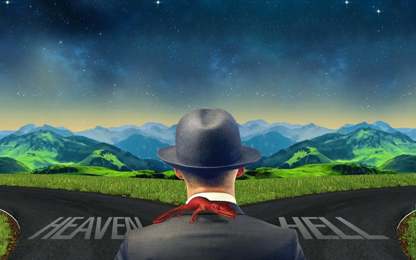 A man in a bowler hat stands at a fork marked Heaven and Hell with a red lizard on his shoulder in FPA’s Great Divorce campaign art