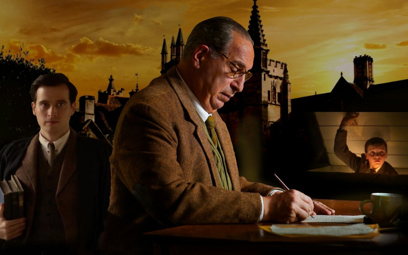 Max McLean as C.S. Lewis writing at a desk with a younger Lewis and a boy inset against Oxford spires