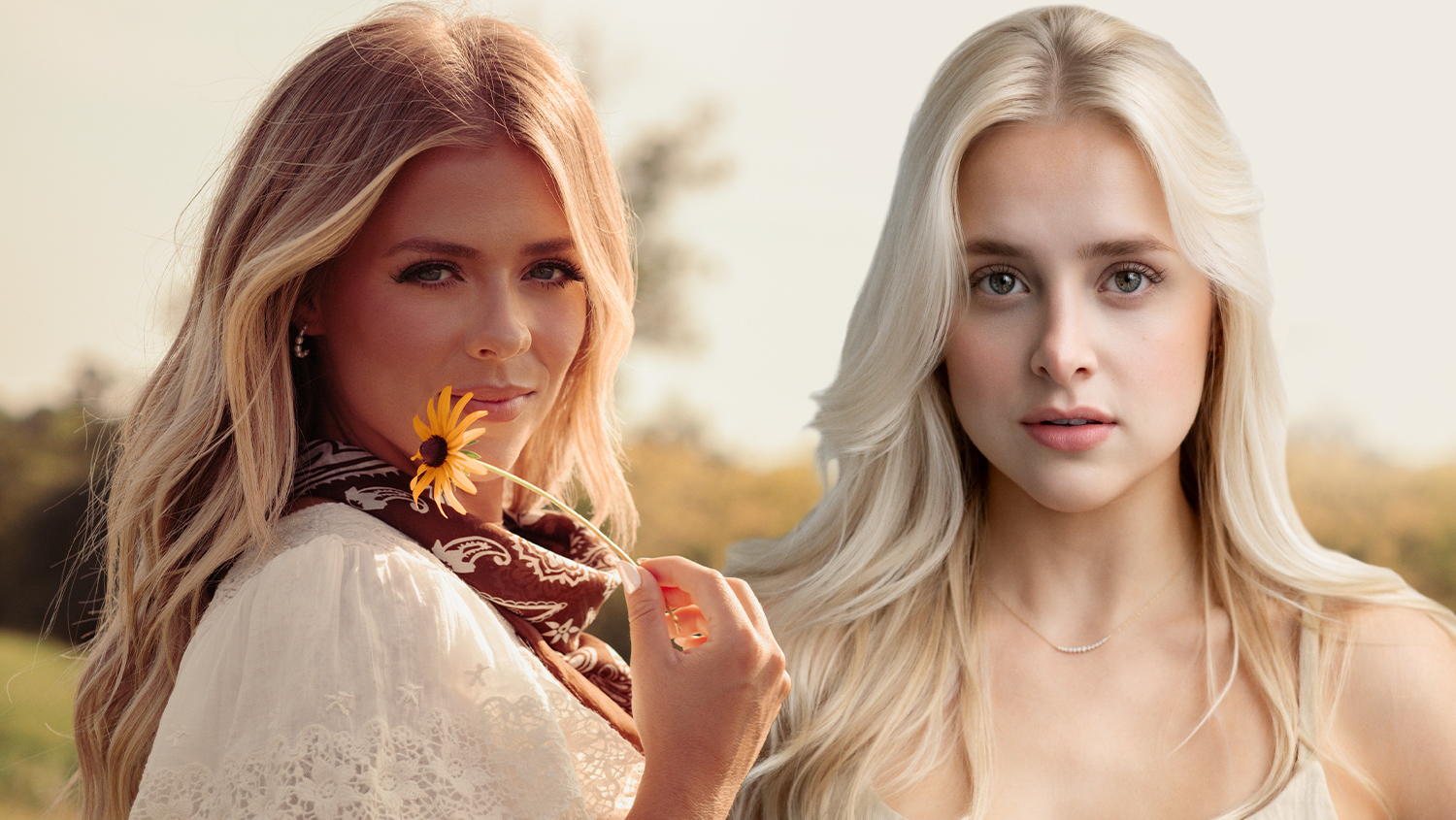 Anne Wilson, in a white lace blouse and brown patterned scarf, holds a yellow flower beside Aliza Kate Barlow, who plays her in My Jesus